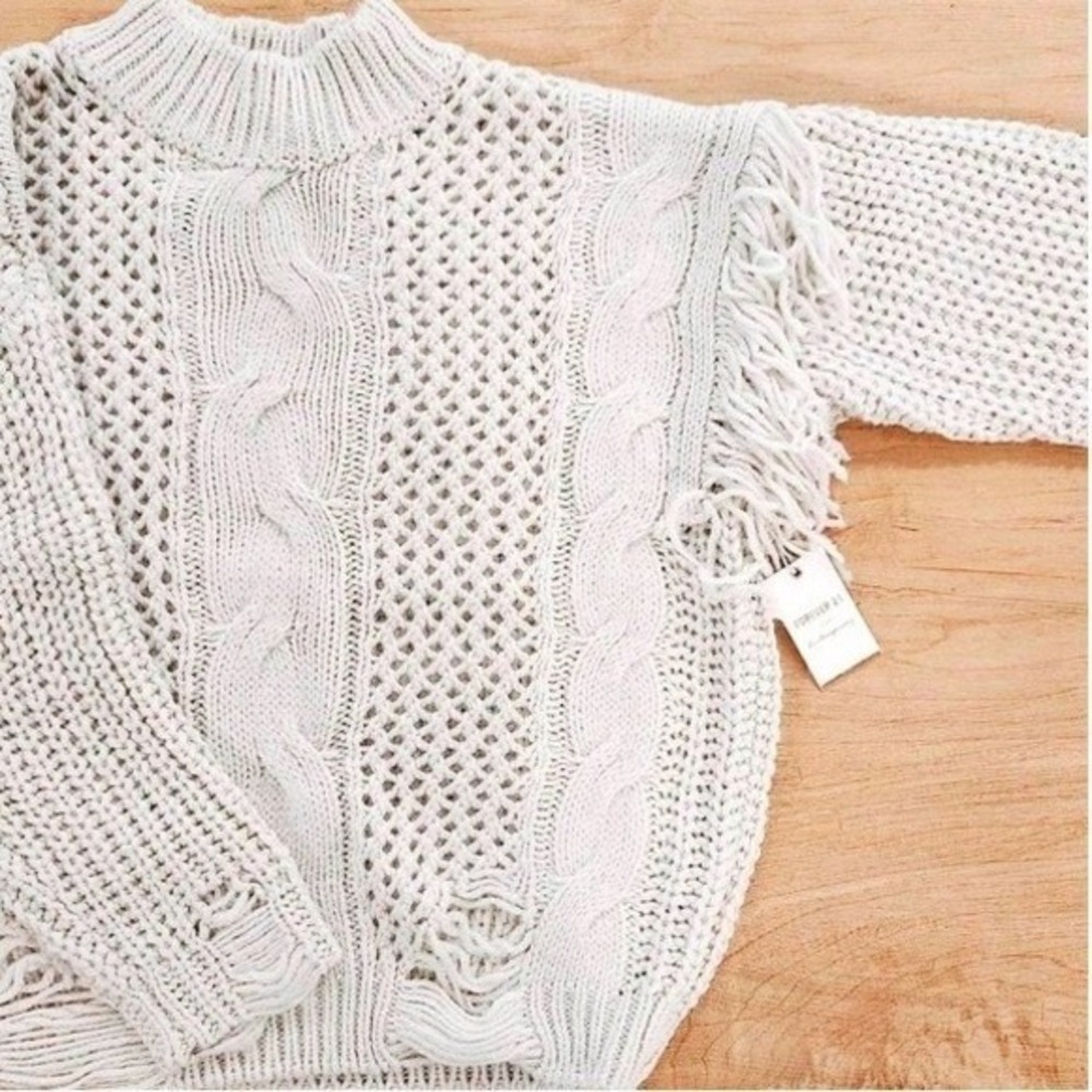 Forever 21 Cable Knit Fringe Distressed Mock Neck Sweater Small